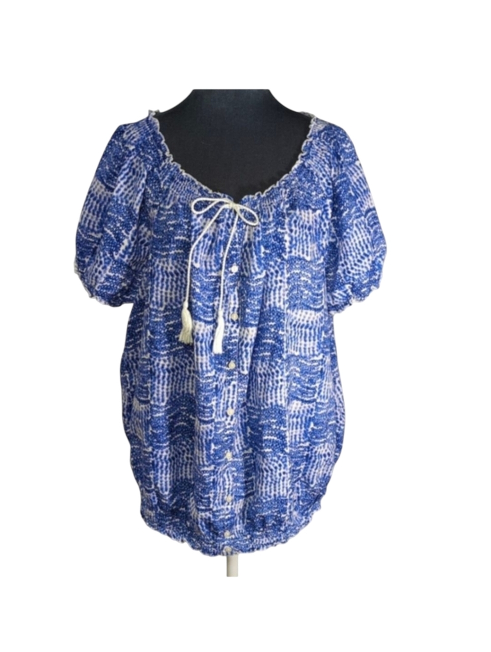 Izod Boho Peasant  Style Blue & White Short Sleeve Top Size 1X